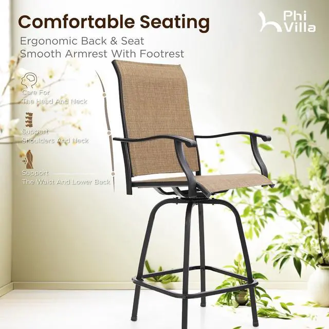 Alt view image 7 of 7 - PHI VILLA Outdoor Swivel Bar Stools Set of 2, Bar Height Patio Chairs 30" Seat Height with All-Weather Brown Textilene Fabric, Tall Patio Chairs Furniture for Outside, Deck, Yard and Garden