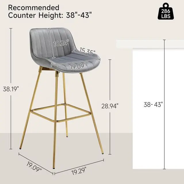 Alt view image 2 of 6 - Zouron Swivel Bar Stools Set of 2, 29" Bar Height Chairs with Back Tall Barstools Velvet Kitchen Island Stools with Gold-Plated Metal Legs, Gray