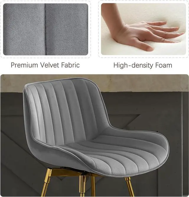 Alt view image 3 of 6 - Zouron Swivel Bar Stools Set of 2, 29" Bar Height Chairs with Back Tall Barstools Velvet Kitchen Island Stools with Gold-Plated Metal Legs, Gray
