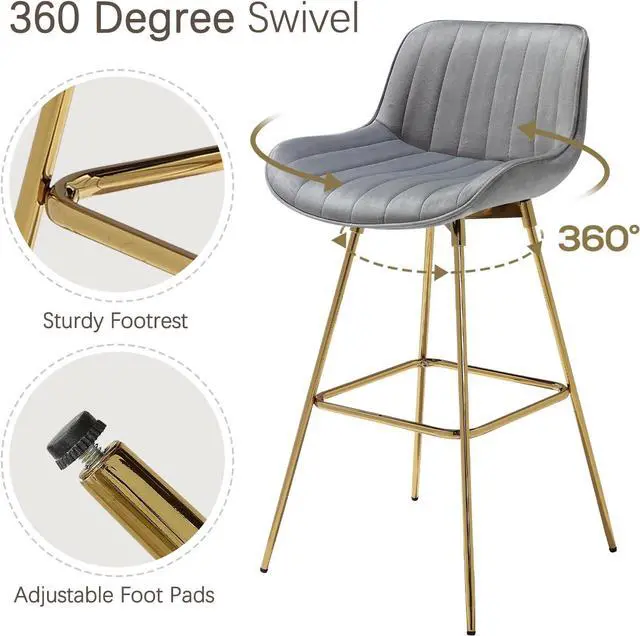 Alt view image 4 of 6 - Zouron Swivel Bar Stools Set of 2, 29" Bar Height Chairs with Back Tall Barstools Velvet Kitchen Island Stools with Gold-Plated Metal Legs, Gray