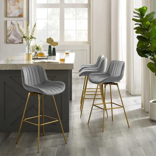 Alt view image 5 of 6 - Zouron Swivel Bar Stools Set of 2, 29" Bar Height Chairs with Back Tall Barstools Velvet Kitchen Island Stools with Gold-Plated Metal Legs, Gray