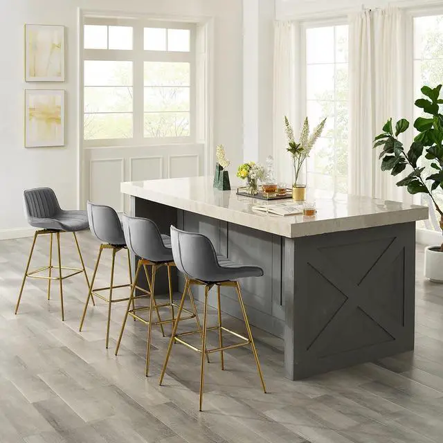 Alt view image 6 of 6 - Zouron Swivel Bar Stools Set of 2, 29" Bar Height Chairs with Back Tall Barstools Velvet Kitchen Island Stools with Gold-Plated Metal Legs, Gray