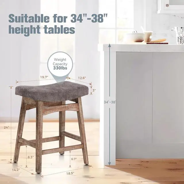 Alt view image 2 of 7 - Solid Wood Bar Stools Set of 2 for Kitchen Counter Height Barstools with Fabric Saddle Seat Farmhouse Rustic Upholstered Stools for 34"-38" Counter Island, Grey Cushion & Wood Legs