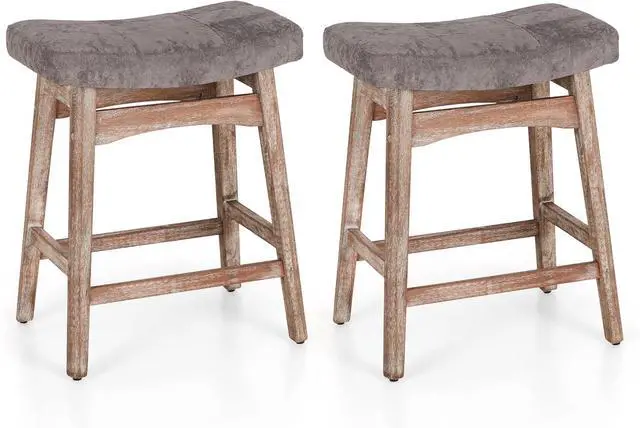 Alt view image 3 of 7 - Solid Wood Bar Stools Set of 2 for Kitchen Counter Height Barstools with Fabric Saddle Seat Farmhouse Rustic Upholstered Stools for 34"-38" Counter Island, Grey Cushion & Wood Legs