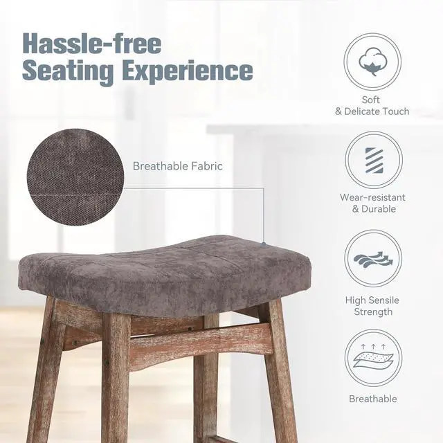 Alt view image 4 of 7 - Solid Wood Bar Stools Set of 2 for Kitchen Counter Height Barstools with Fabric Saddle Seat Farmhouse Rustic Upholstered Stools for 34"-38" Counter Island, Grey Cushion & Wood Legs