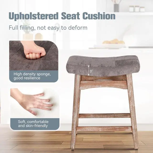 Alt view image 5 of 7 - Solid Wood Bar Stools Set of 2 for Kitchen Counter Height Barstools with Fabric Saddle Seat Farmhouse Rustic Upholstered Stools for 34"-38" Counter Island, Grey Cushion & Wood Legs