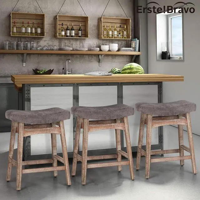 Alt view image 6 of 7 - Solid Wood Bar Stools Set of 2 for Kitchen Counter Height Barstools with Fabric Saddle Seat Farmhouse Rustic Upholstered Stools for 34"-38" Counter Island, Grey Cushion & Wood Legs