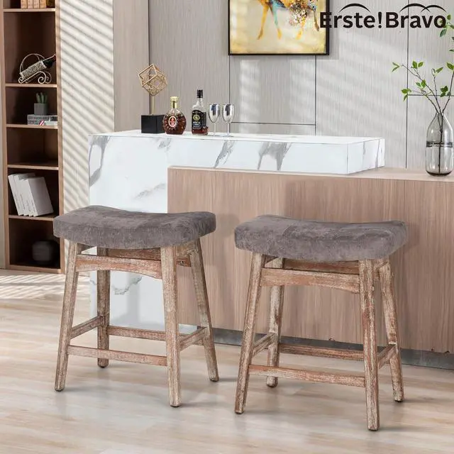 Alt view image 7 of 7 - Solid Wood Bar Stools Set of 2 for Kitchen Counter Height Barstools with Fabric Saddle Seat Farmhouse Rustic Upholstered Stools for 34"-38" Counter Island, Grey Cushion & Wood Legs