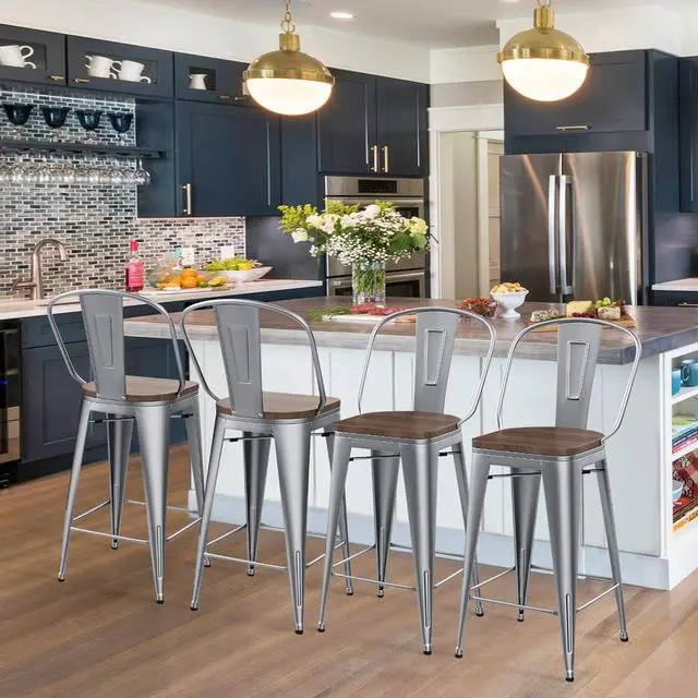 Alt view image 2 of 7 - HAOBO Home 26" High Back Metal Counter Stools Height Bar Stools Chairs Industrial with Wooden Seat [Set of 4] Barstools, Silver