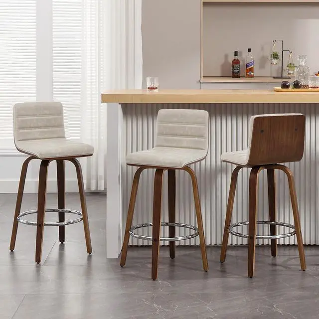 Main image of Bar Stools Set of 3 Swivel Bar Stools with Backs, 29 Inch Bar Height Upholstered PU Leather Barstool, L Shape Back, Padded Seat, Mid-Century Modern Bar Stool Chairs for Kitchen Island, Griege
