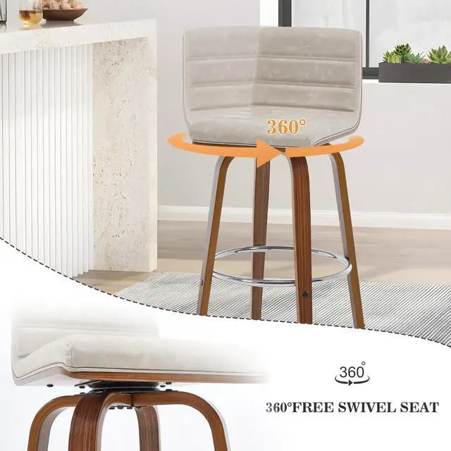 Alt view image 3 of 7 - Bar Stools Set of 3 Swivel Bar Stools with Backs, 29 Inch Bar Height Upholstered PU Leather Barstool, L Shape Back, Padded Seat, Mid-Century Modern Bar Stool Chairs for Kitchen Island, Griege