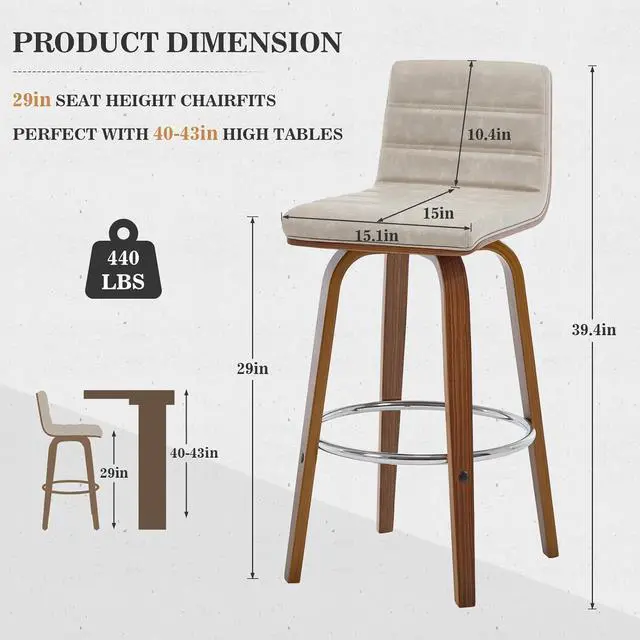 Alt view image 2 of 7 - Bar Stools Set of 3 Swivel Bar Stools with Backs, 29 Inch Bar Height Upholstered PU Leather Barstool, L Shape Back, Padded Seat, Mid-Century Modern Bar Stool Chairs for Kitchen Island, Griege