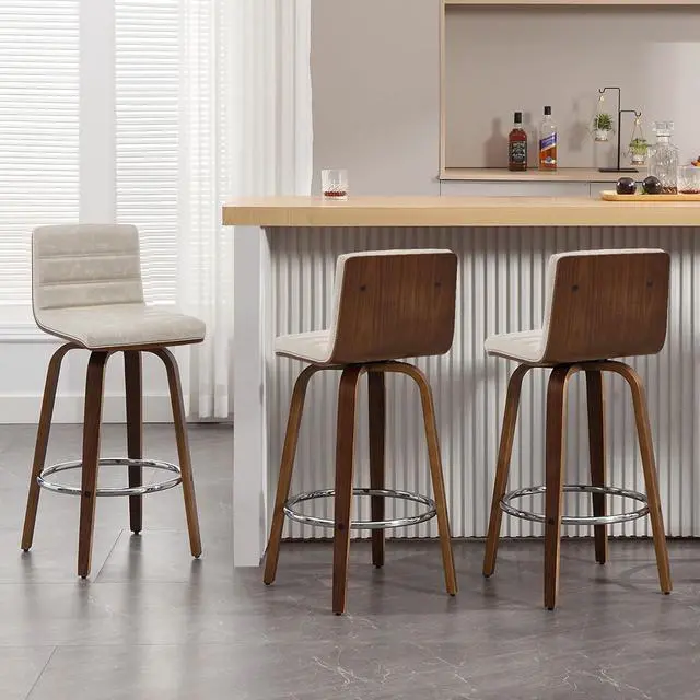 Alt view image 6 of 7 - Bar Stools Set of 3 Swivel Bar Stools with Backs, 29 Inch Bar Height Upholstered PU Leather Barstool, L Shape Back, Padded Seat, Mid-Century Modern Bar Stool Chairs for Kitchen Island, Griege