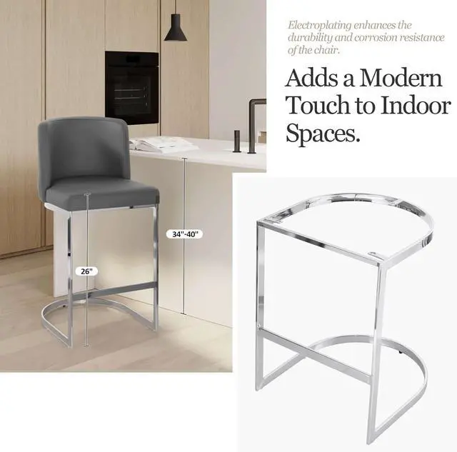 Alt view image 3 of 7 - Counter Height Bar Stools, Modern 26" Counter Stools with Back and C-Shaped Metal Frame, Upholstered Faux Leather Bar Chairs Island Stools for Kitchen Counter, Home Bar, Pub, Grey