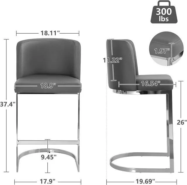 Alt view image 2 of 7 - Counter Height Bar Stools, Modern 26" Counter Stools with Back and C-Shaped Metal Frame, Upholstered Faux Leather Bar Chairs Island Stools for Kitchen Counter, Home Bar, Pub, Grey