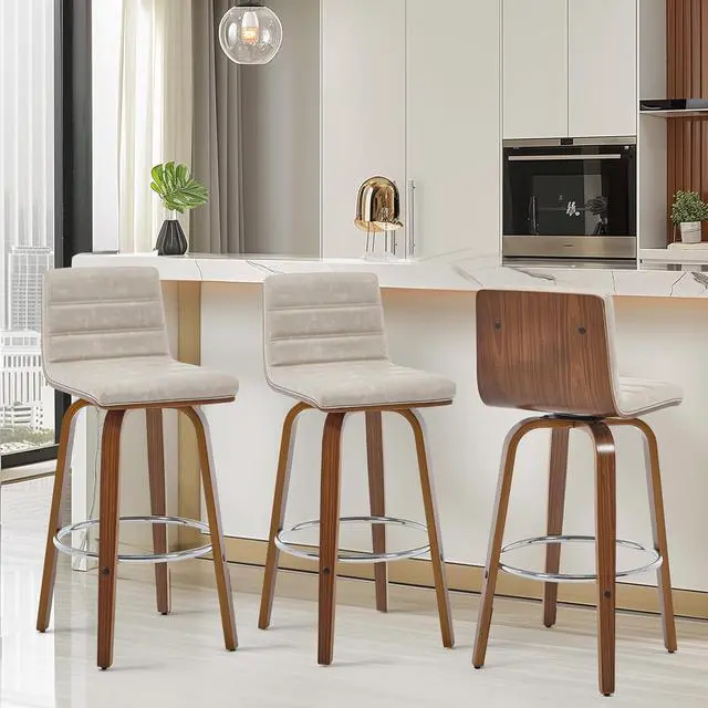 Alt view image 7 of 7 - Bar Stools Set of 3 Swivel Bar Stools with Backs, 29 Inch Bar Height Upholstered PU Leather Barstool, L Shape Back, Padded Seat, Mid-Century Modern Bar Stool Chairs for Kitchen Island, Griege