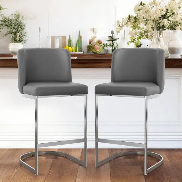 Alt view image 6 of 7 - Counter Height Bar Stools, Modern 26" Counter Stools with Back and C-Shaped Metal Frame, Upholstered Faux Leather Bar Chairs Island Stools for Kitchen Counter, Home Bar, Pub, Grey