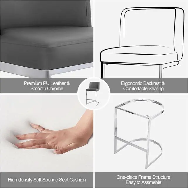 Alt view image 4 of 7 - Counter Height Bar Stools, Modern 26" Counter Stools with Back and C-Shaped Metal Frame, Upholstered Faux Leather Bar Chairs Island Stools for Kitchen Counter, Home Bar, Pub, Grey