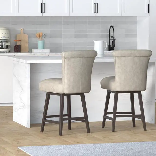 Alt view image 2 of 7 - CHITA 26 Inch Counter Height Swivel Bar Stools Set of 2, FSC Certified Modern Upholstered Faux Leather Swivel Barstool Chair with Back, Stone Grey
