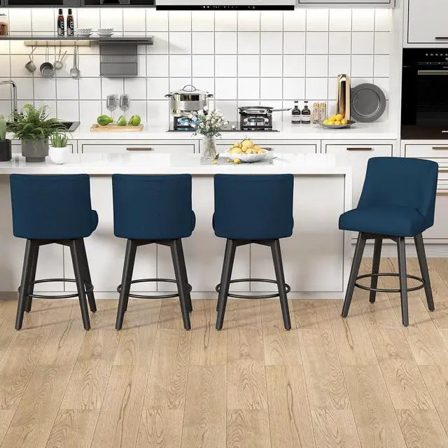 Alt view image 2 of 6 - Counter Height Swivel Bar Stools, 26 Inch Bar Stools with Footrest, Linen Fabric Upholstered Barstools with Back and Solid Wood Legs for Kitchen Island, Dining Room,Pub,Deep Blue