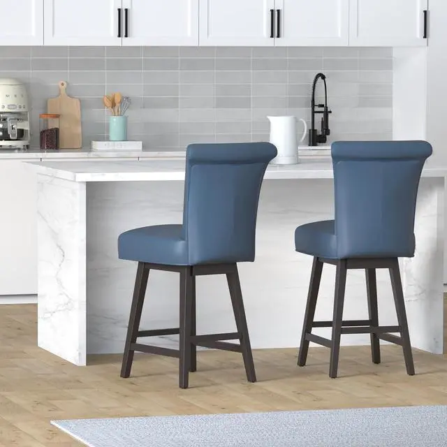 Alt view image 2 of 7 - CHITA 26 Inch Counter Height Swivel Bar Stools Set of 2, FSC Certified Modern Upholstered Faux Leather Swivel Barstool Chair with Back, Blue