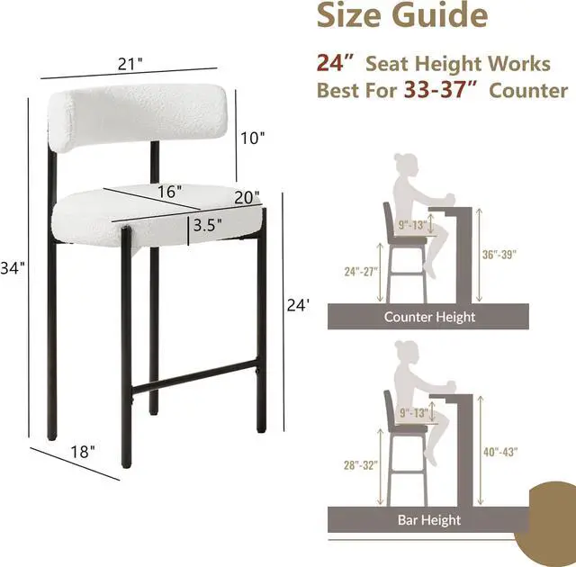 Alt view image 2 of 7 - Counter Height Bar Stools, 24'' White Bar Stools Set of 3, Boucle Counter Stools with Back, Mid-Century Modern Bar Stools for Kitchen Island, Dining Room