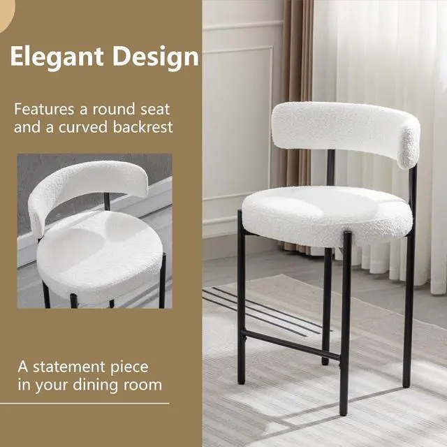 Alt view image 4 of 7 - Counter Height Bar Stools, 24'' White Bar Stools Set of 3, Boucle Counter Stools with Back, Mid-Century Modern Bar Stools for Kitchen Island, Dining Room