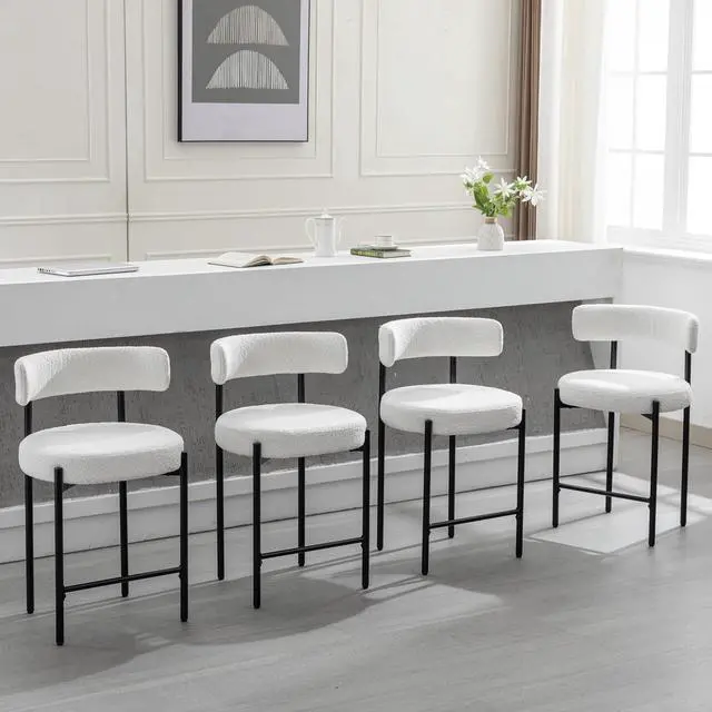 Alt view image 7 of 7 - Counter Height Bar Stools, 24'' White Bar Stools Set of 3, Boucle Counter Stools with Back, Mid-Century Modern Bar Stools for Kitchen Island, Dining Room