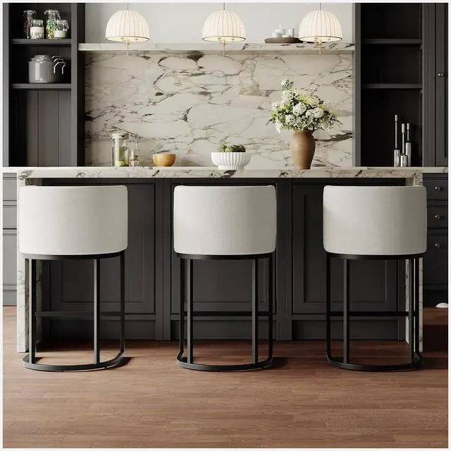 Main image of 26" Modern Kitchen Counter Height Bar Stools,Fabric Upholstered Barrel Barstools Covers with Backs,Island Chairs Bar Stools Set of 3 with Metal Black Frames,Snowy White Linen