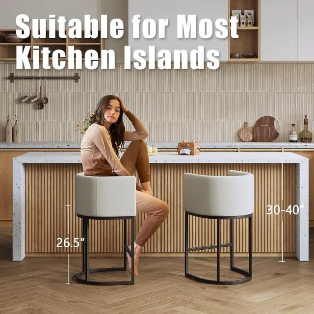 Alt view image 2 of 7 - 26" Modern Kitchen Counter Height Bar Stools,Fabric Upholstered Barrel Barstools Covers with Backs,Island Chairs Bar Stools Set of 4 with Metal Black Frames,Snowy White Linen