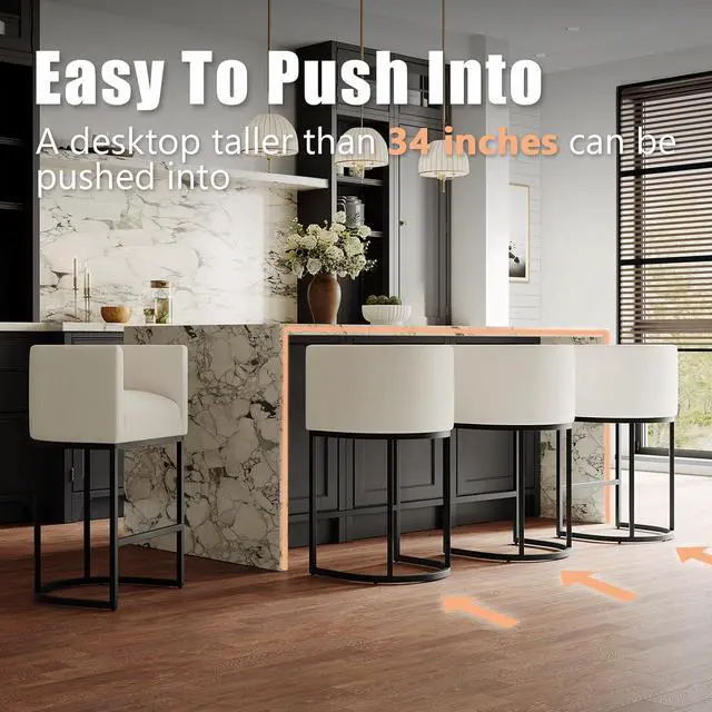Alt view image 4 of 7 - 26" Modern Kitchen Counter Height Bar Stools,Fabric Upholstered Barrel Barstools Covers with Backs,Island Chairs Bar Stools Set of 4 with Metal Black Frames,Snowy White Linen