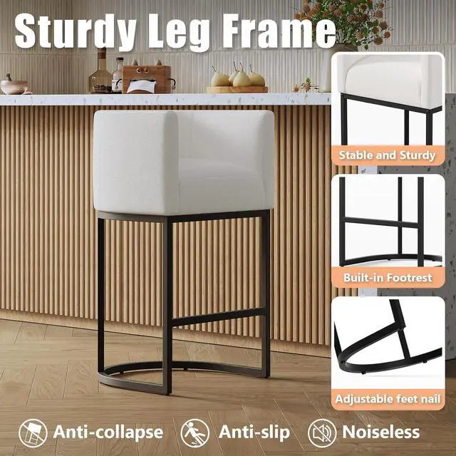 Alt view image 5 of 7 - 26" Modern Kitchen Counter Height Bar Stools,Fabric Upholstered Barrel Barstools Covers with Backs,Island Chairs Bar Stools Set of 4 with Metal Black Frames,Snowy White Linen