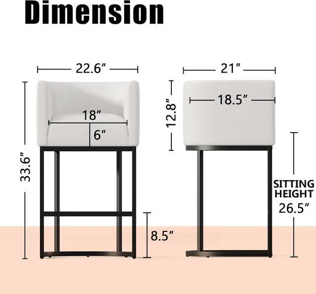 Alt view image 7 of 7 - 26" Modern Kitchen Counter Height Bar Stools,Fabric Upholstered Barrel Barstools Covers with Backs,Island Chairs Bar Stools Set of 4 with Metal Black Frames,Snowy White Linen