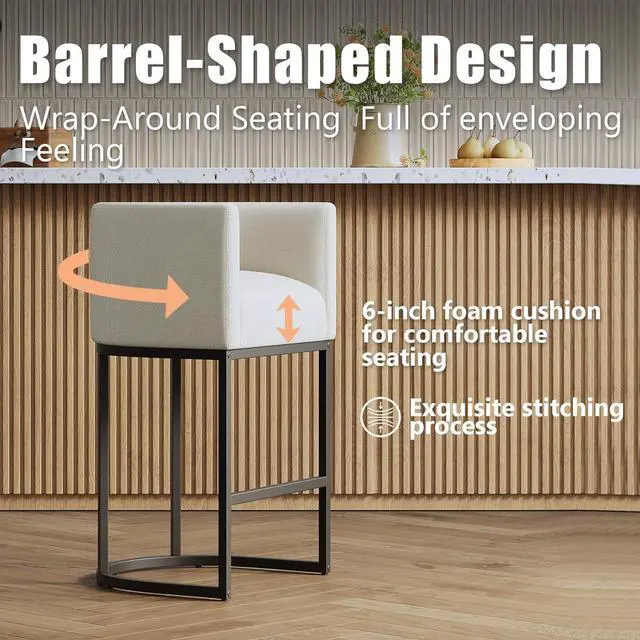 Alt view image 6 of 7 - 26" Modern Kitchen Counter Height Bar Stools,Fabric Upholstered Barrel Barstools Covers with Backs,Island Chairs Bar Stools Set of 4 with Metal Black Frames,Snowy White Linen