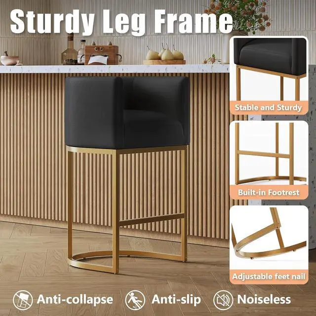 Alt view image 5 of 7 - 26" Modern Kitchen Counter Height Bar Stools,PU Leather Upholstered Barrel Barstools Covers with Backs,Island Chairs bar stools Set of 1 with Metal Gold Frames,Black Leather