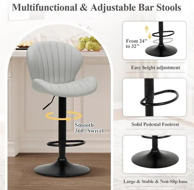 Alt view image 4 of 7 - COLAMY Bar Stools Set of 6, Modern Swivel Bar Chairs, Adjustable Faux Leather Upholstered Barstools Counter Height with High Backrest for Bar, Kitchen Island, Dining Room, Grey