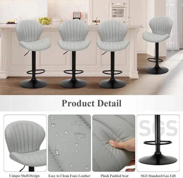 Alt view image 5 of 7 - COLAMY Bar Stools Set of 6, Modern Swivel Bar Chairs, Adjustable Faux Leather Upholstered Barstools Counter Height with High Backrest for Bar, Kitchen Island, Dining Room, Grey