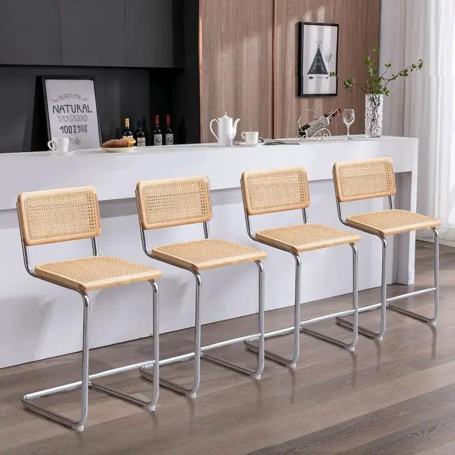 Main image of Rattan Bar Stools Set of 4, 24 Inch Modern Counter Stools with Cane Back, Low Back Barstools with Cane Seat, Counter Height Chairs with Metal Legs for Kitchen Island, Yellow