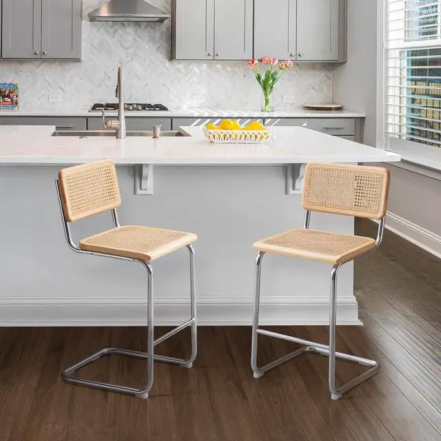 Alt view image 3 of 7 - Rattan Bar Stools Set of 4, 24 Inch Modern Counter Stools with Cane Back, Low Back Barstools with Cane Seat, Counter Height Chairs with Metal Legs for Kitchen Island, Yellow