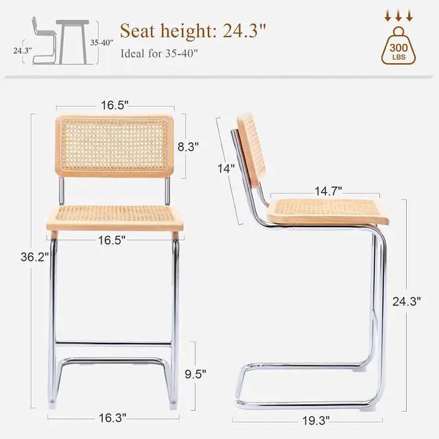 Alt view image 2 of 7 - Rattan Bar Stools Set of 4, 24 Inch Modern Counter Stools with Cane Back, Low Back Barstools with Cane Seat, Counter Height Chairs with Metal Legs for Kitchen Island, Yellow