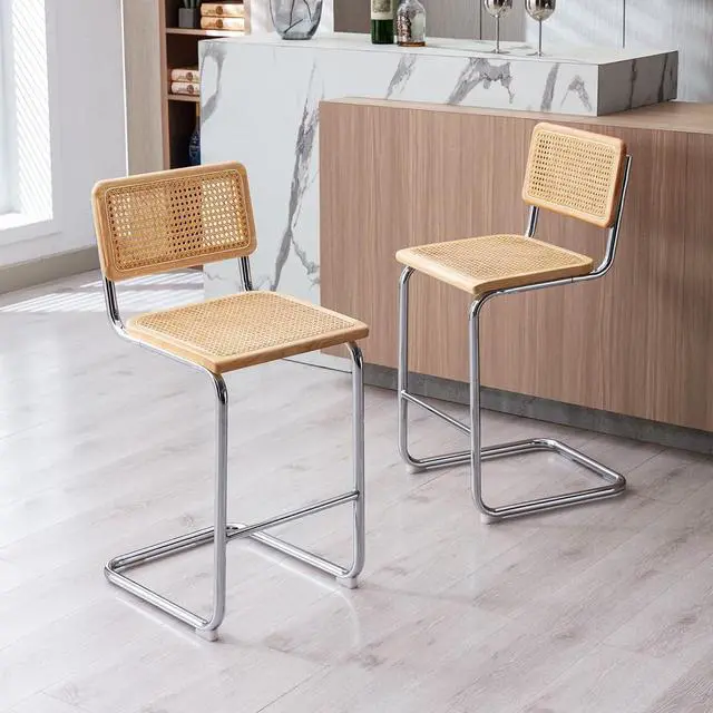 Alt view image 4 of 7 - Rattan Bar Stools Set of 4, 24 Inch Modern Counter Stools with Cane Back, Low Back Barstools with Cane Seat, Counter Height Chairs with Metal Legs for Kitchen Island, Yellow