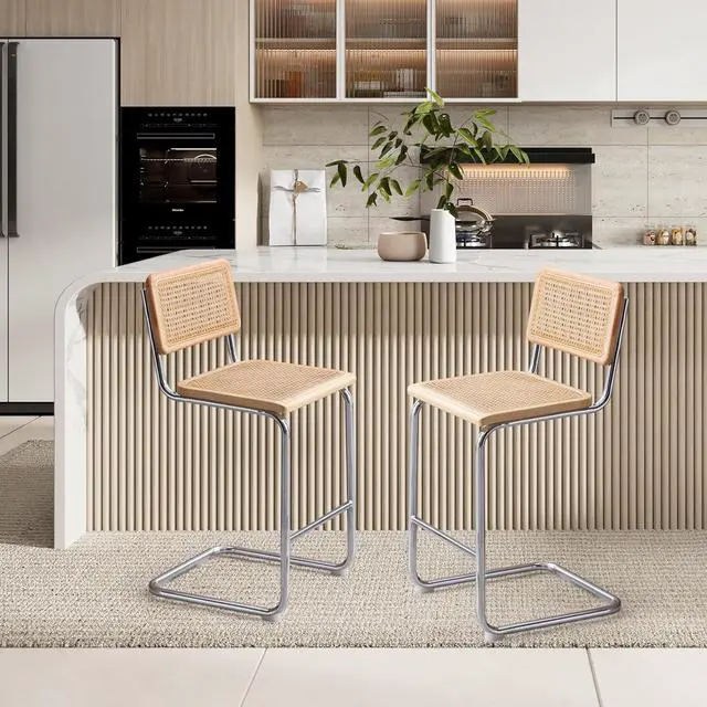 Alt view image 5 of 7 - Rattan Bar Stools Set of 4, 24 Inch Modern Counter Stools with Cane Back, Low Back Barstools with Cane Seat, Counter Height Chairs with Metal Legs for Kitchen Island, Yellow