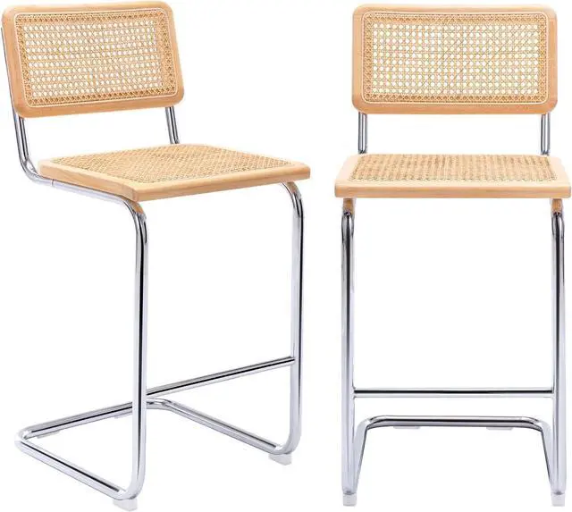 Alt view image 6 of 7 - Rattan Bar Stools Set of 4, 24 Inch Modern Counter Stools with Cane Back, Low Back Barstools with Cane Seat, Counter Height Chairs with Metal Legs for Kitchen Island, Yellow