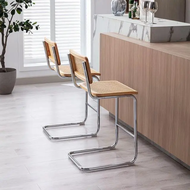 Alt view image 7 of 7 - Rattan Bar Stools Set of 4, 24 Inch Modern Counter Stools with Cane Back, Low Back Barstools with Cane Seat, Counter Height Chairs with Metal Legs for Kitchen Island, Yellow