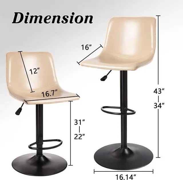 Alt view image 2 of 7 - Waleaf Adjustable Swivel Bar Stools Set of 2, Counter Height Bar Stools with Back,350 LBS PU Leather Bar Stool for Kitchen Island, Upholstered Pub Stools with Footrest, Armless Dining Chairs for Bar
