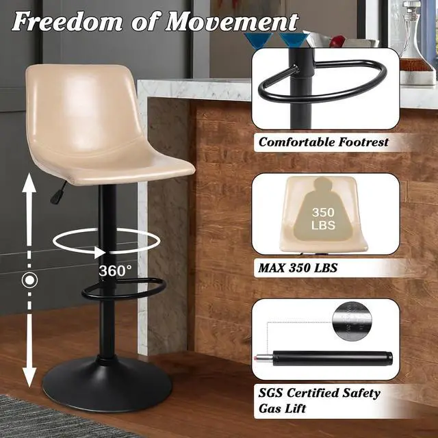 Alt view image 4 of 7 - Waleaf Adjustable Swivel Bar Stools Set of 2, Counter Height Bar Stools with Back,350 LBS PU Leather Bar Stool for Kitchen Island, Upholstered Pub Stools with Footrest, Armless Dining Chairs for Bar