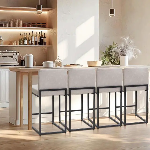 Alt view image 3 of 7 - Light Grey Counter Height Bar Stools Set of 4 for Kitchen Counter 24 Inch Faux Leather Upholstered Barstools with Back Modern Farmhouse Bar Chairs Island Stools Support 330LBS, Light Grey