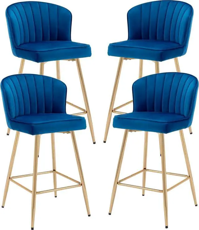 Main image of Modern Counter Height Bar Stools Set of 4 Velvet Bar Stools with Gold Legs/Shell Back, Upholstered Counter Stools 26'' Barstools Bar Chairs for Kitchen Island/Home Bar/Pub, Navy Blue