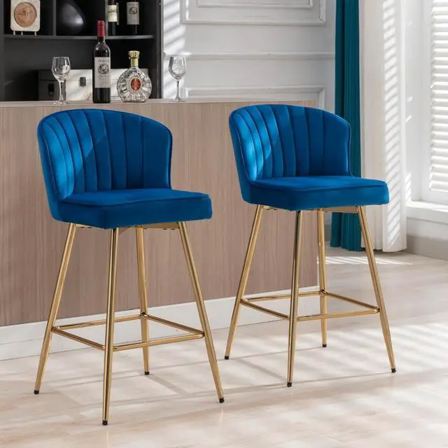 Alt view image 2 of 7 - Modern Counter Height Bar Stools Set of 4 Velvet Bar Stools with Gold Legs/Shell Back, Upholstered Counter Stools 26'' Barstools Bar Chairs for Kitchen Island/Home Bar/Pub, Navy Blue