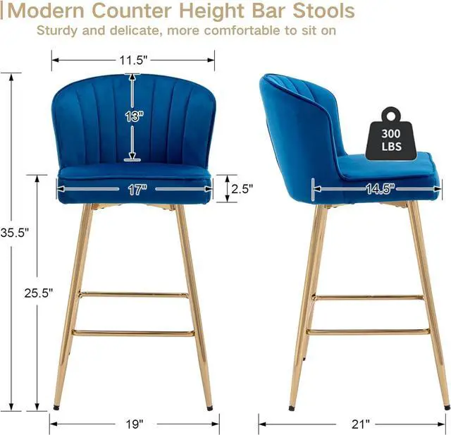 Alt view image 3 of 7 - Modern Counter Height Bar Stools Set of 4 Velvet Bar Stools with Gold Legs/Shell Back, Upholstered Counter Stools 26'' Barstools Bar Chairs for Kitchen Island/Home Bar/Pub, Navy Blue
